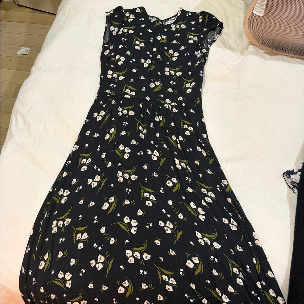 Reformation Black Dress with White and Green Floral Pattern